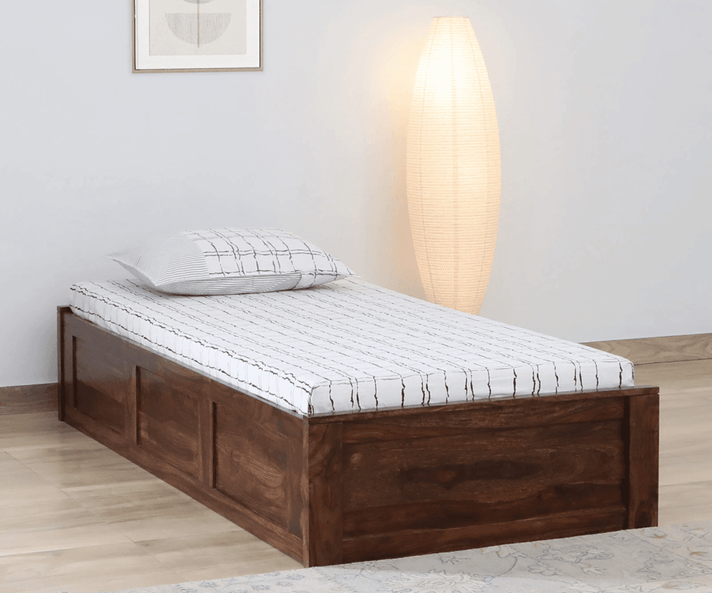 Plano | Solid wood Single Bed | With Storage | Honey Finish | WoodMount