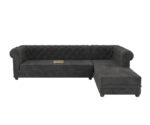 Luxurious Payne's Grey Velvet Chesterfield sofa with deep button tufting, rolled arms, and nailhead trim, adding a classic touch to a living room.