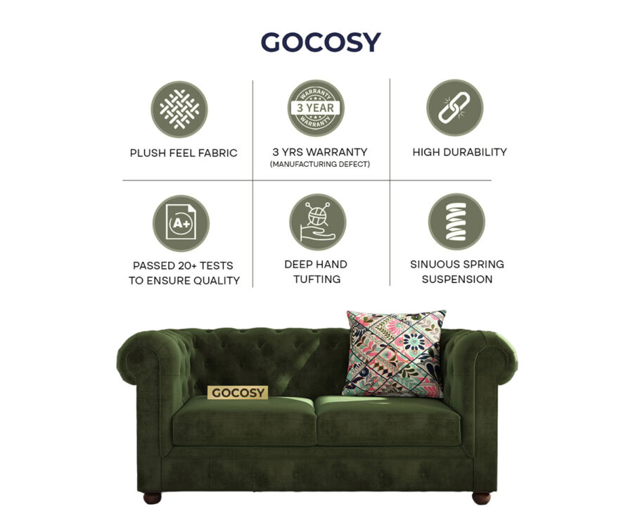 Luxurious Dark Forest Green Chesterfield sofa with deep button tufting, rolled arms, and nailhead trim, adding a classic touch to a living room.
