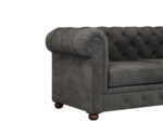 Luxurious Payne's Grey Velvate Chesterfield sofa with deep button tufting, rolled arms, and nailhead trim, adding a classic touch to a living room.