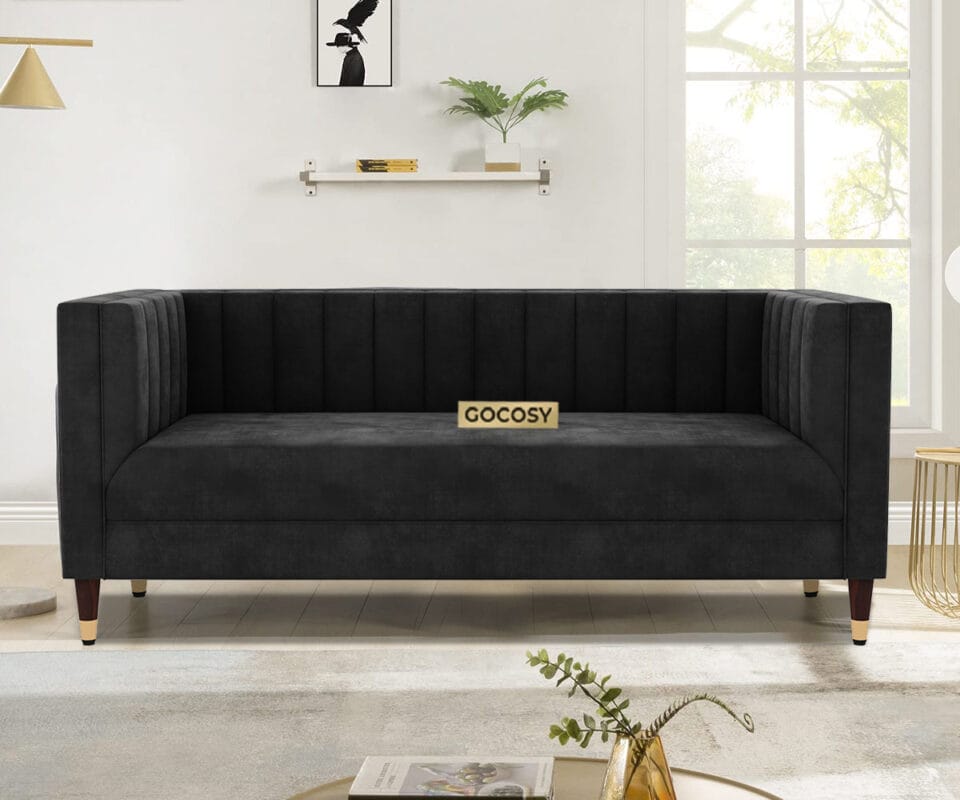 Modern tuxedo sofa with clean lines, tufted back, and square arms, adding elegance to any living room