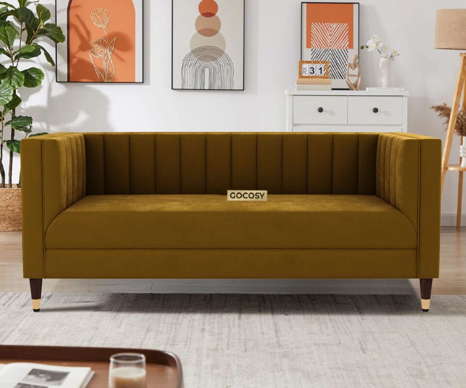 Modern tuxedo sofa with clean lines, tufted back, and square arms, adding elegance to any living room