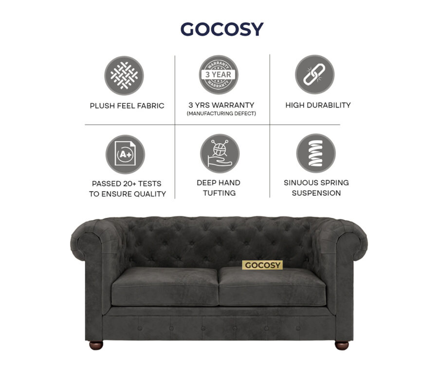 Luxurious Payne's Grey Velvate Chesterfield sofa with deep button tufting, rolled arms, and nailhead trim, adding a classic touch to a living room.