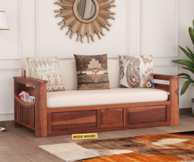 Elegant solid wood sofa cum bed with plush cushions, sturdy frame, and space-saving design by wood mount