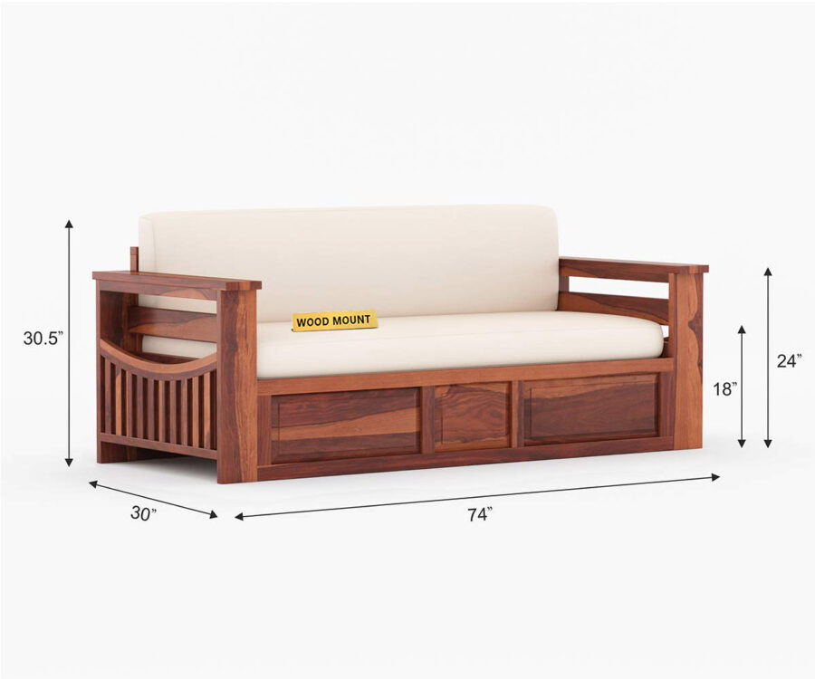 Elegant solid wood sofa cum bed with plush cushions, sturdy frame, and space-saving design by wood mount