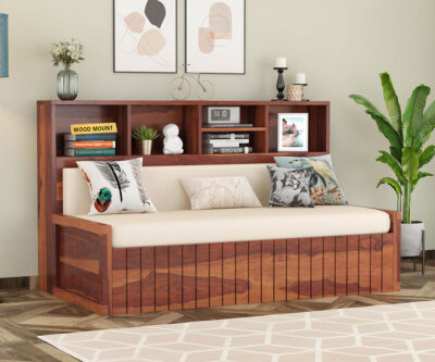 Elegant solid wood sofa cum bed with plush cushions, sturdy frame, and space-saving design by wood mount