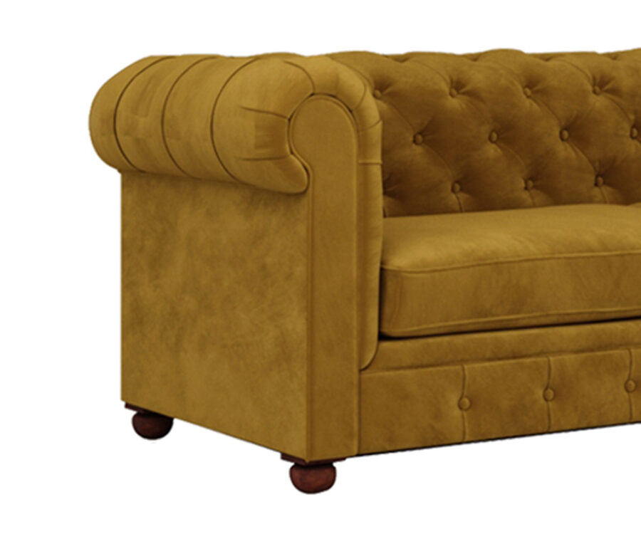 Luxurious Hunyadi Yellow Velvate Chesterfield sofa with deep button tufting, rolled arms, and nailhead trim, adding a classic touch to a living room.