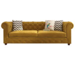 Luxurious Hunyadi Yellow Velvate Chesterfield sofa with deep button tufting, rolled arms, and nailhead trim, adding a classic touch to a living room.