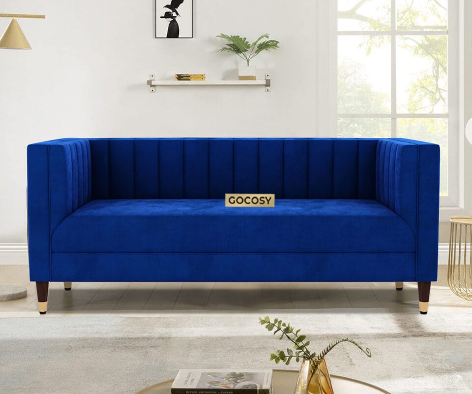 Modern tuxedo sofa with clean lines, tufted back, and square arms, adding elegance to any living room