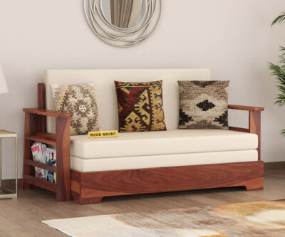 Elegant solid wood sofa cum bed with plush cushions, sturdy frame, and space-saving design by wood mount