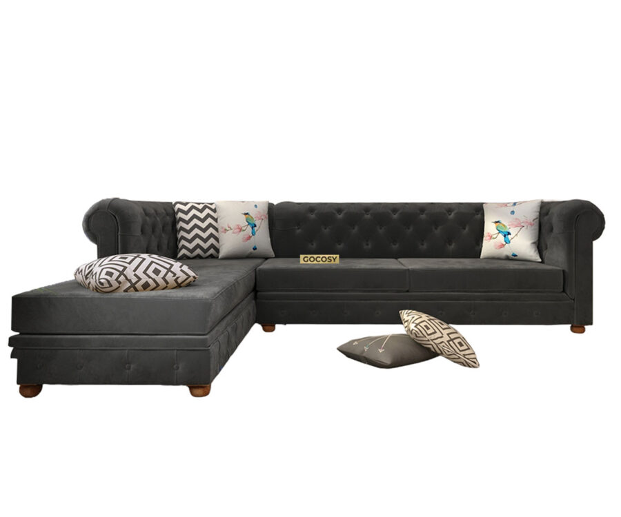 Luxurious Payne's Grey Velvet Chesterfield sofa with deep button tufting, rolled arms, and nailhead trim, adding a classic touch to a living room.