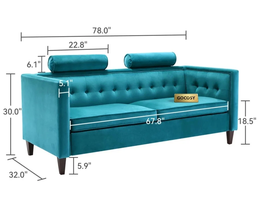 Sunlora Sky Blue Chesterfield Velvet Sofa – Tufted 3-Seater Couch with Bolster Pillows | GOCOSY Luxury Series - Image 12