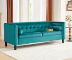 Sunlora Sky Blue Chesterfield Velvet Sofa – Tufted 3-Seater Couch with Bolster Pillows | GOCOSY Luxury Series - Image 2