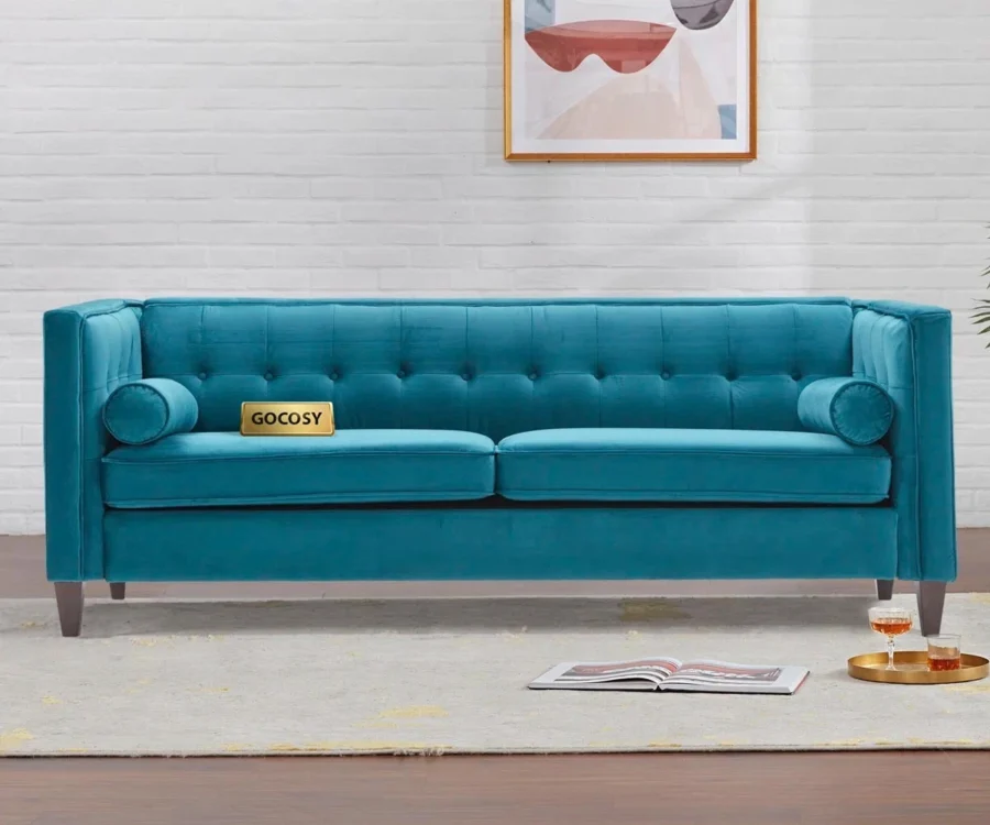 Sunlora Sky Blue Chesterfield Velvet Sofa – Tufted 3-Seater Couch with Bolster Pillows | GOCOSY Luxury Series - Image 3