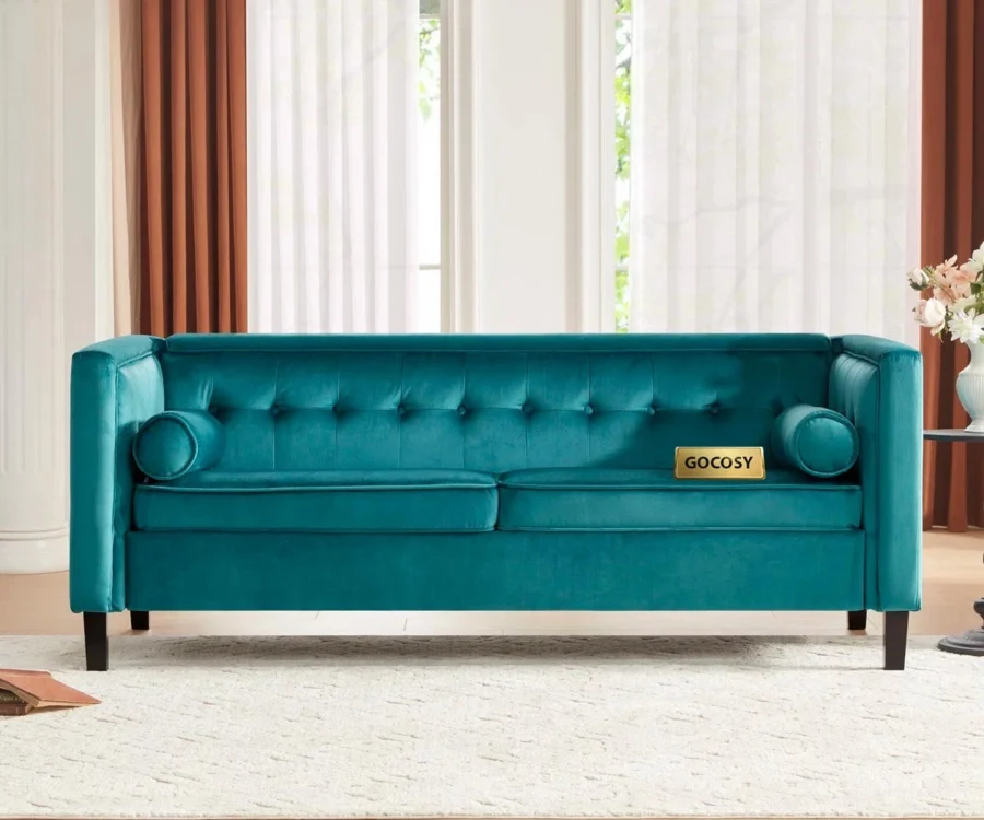 Sunlora Sky Blue Chesterfield Velvet Sofa – Tufted 3-Seater Couch with Bolster Pillows | GOCOSY Luxury Series - Image 1