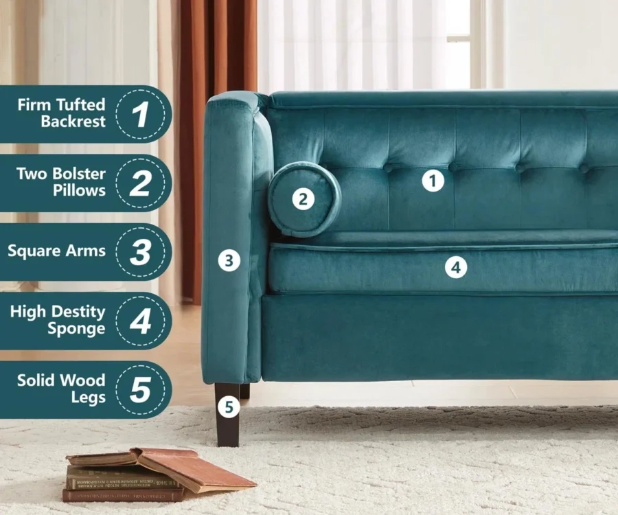 Sunlora Sky Blue Chesterfield Velvet Sofa – Tufted 3-Seater Couch with Bolster Pillows | GOCOSY Luxury Series - Image 11