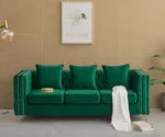 Chesterfield green velvet sofa, 3-seater couch, velvet upholstered sofa, traditional sofa for living room, classic velvet couch, luxury green sofa, GOCOSY sofa, rolled arm tufted couch, vintage nailhead trim sofa.