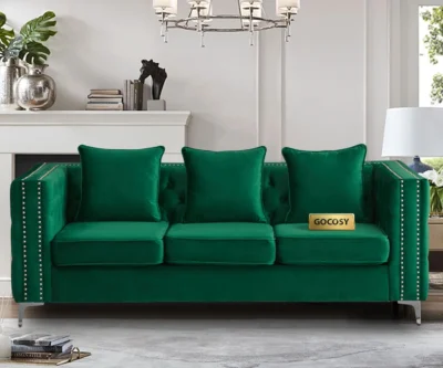 Chesterfield green velvet sofa, 3-seater couch, velvet upholstered sofa, traditional sofa for living room, classic velvet couch, luxury green sofa, GOCOSY sofa, rolled arm tufted couch, vintage nailhead trim sofa.