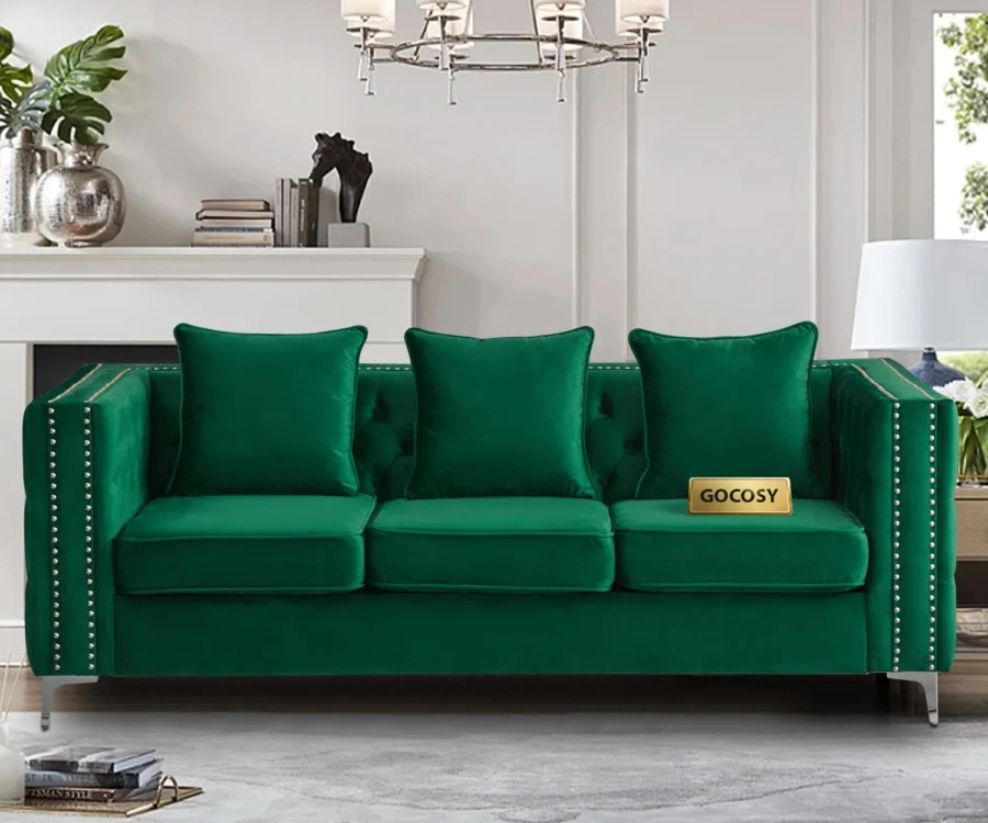 Chesterfield green velvet sofa, 3-seater couch, velvet upholstered sofa, traditional sofa for living room, classic velvet couch, luxury green sofa, GOCOSY sofa, rolled arm tufted couch, vintage nailhead trim sofa.