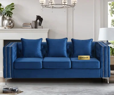 Chesterfield green velvet sofa, 3-seater couch, velvet upholstered sofa, traditional sofa for living room, classic velvet couch, luxury green sofa, GOCOSY sofa, rolled arm tufted couch, vintage nailhead trim sofa.