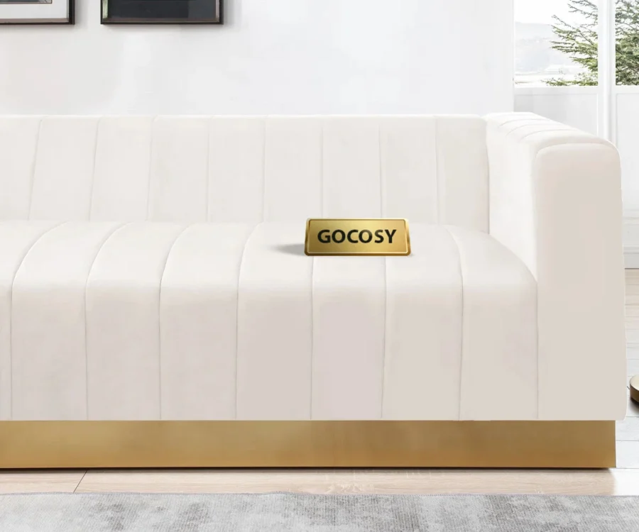 modern brown velvet sofa, GOCOSY velvet couch, 3-seater channel tufted sofa, luxury velvet sofa with gold base, contemporary brown couch, velvet furniture for living room, brown glam sofa.