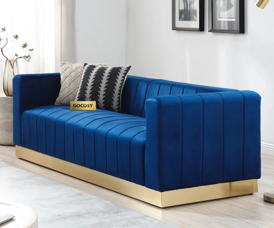modern brown velvet sofa, GOCOSY velvet couch, 3-seater channel tufted sofa, luxury velvet sofa with gold base, contemporary brown couch, velvet furniture for living room, brown glam sofa.
