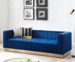 modern brown velvet sofa, GOCOSY velvet couch, 3-seater channel tufted sofa, luxury velvet sofa with gold base, contemporary brown couch, velvet furniture for living room, brown glam sofa.