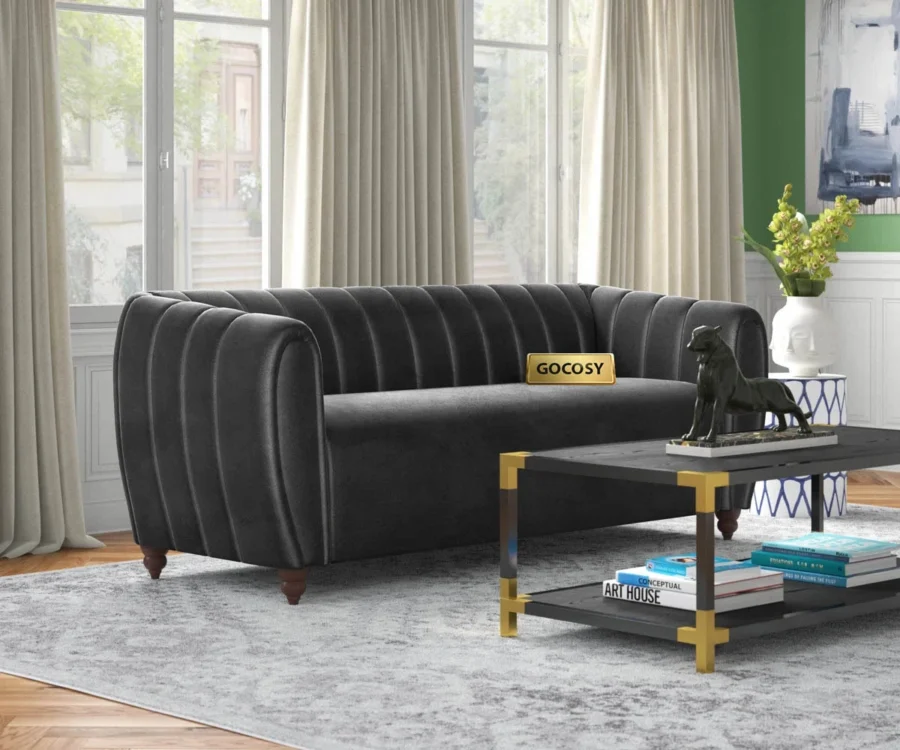 Verdant Luxe Velvet Sofa – Elegant Channel Tufted Design in Midnight Black Color - Image 2