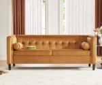 Sunlora Orange Chesterfield Velvet Sofa – Tufted 3-Seater Couch with Bolster Pillows | GOCOSY Luxury Series