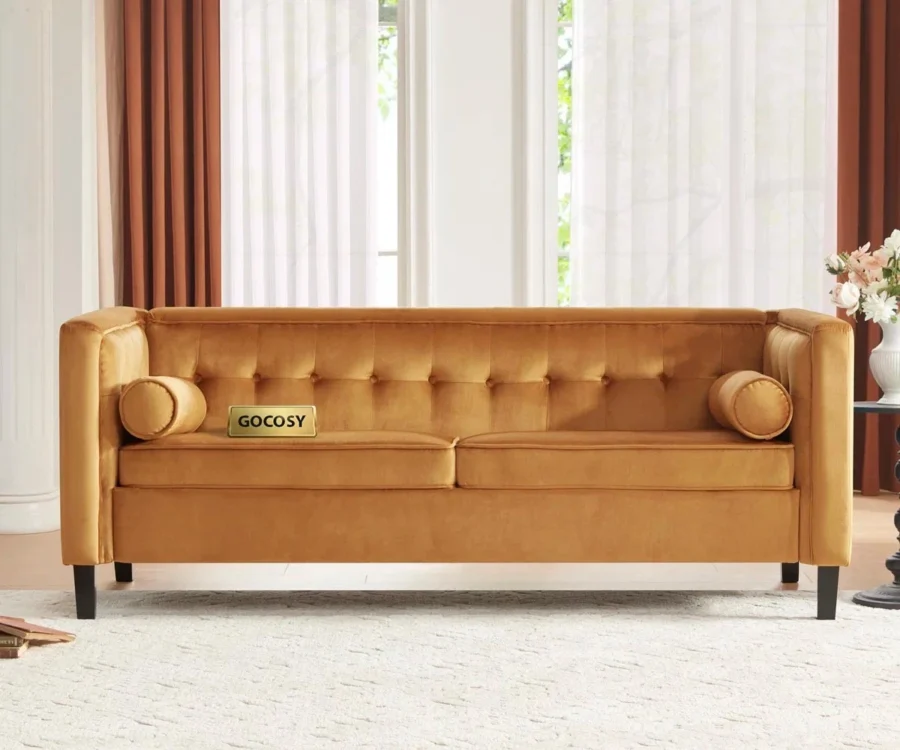 Sunlora Orange Chesterfield Velvet Sofa – Tufted 3-Seater Couch with Bolster Pillows | GOCOSY Luxury Series - Image 1