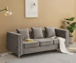 Chesterfield green velvet sofa, 3-seater couch, velvet upholstered sofa, traditional sofa for living room, classic velvet couch, luxury green sofa, GOCOSY sofa, rolled arm tufted couch, vintage nailhead trim sofa.