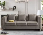 Chesterfield green velvet sofa, 3-seater couch, velvet upholstered sofa, traditional sofa for living room, classic velvet couch, luxury green sofa, GOCOSY sofa, rolled arm tufted couch, vintage nailhead trim sofa.