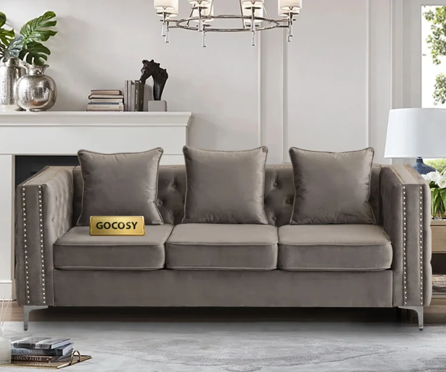 Chesterfield green velvet sofa, 3-seater couch, velvet upholstered sofa, traditional sofa for living room, classic velvet couch, luxury green sofa, GOCOSY sofa, rolled arm tufted couch, vintage nailhead trim sofa.