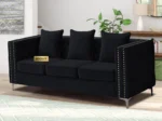 Chesterfield green velvet sofa, 3-seater couch, velvet upholstered sofa, traditional sofa for living room, classic velvet couch, luxury green sofa, GOCOSY sofa, rolled arm tufted couch, vintage nailhead trim sofa.