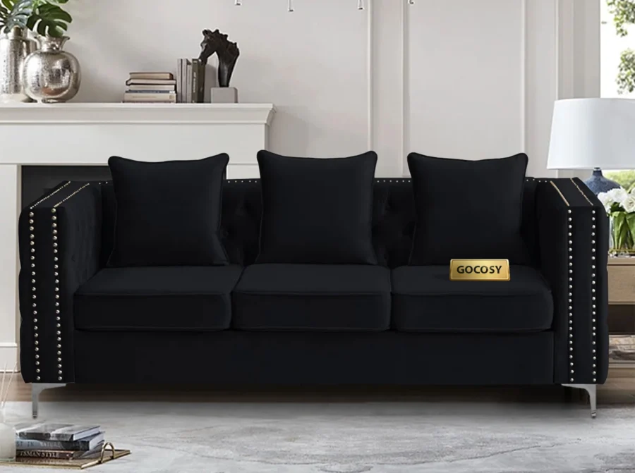 Chesterfield green velvet sofa, 3-seater couch, velvet upholstered sofa, traditional sofa for living room, classic velvet couch, luxury green sofa, GOCOSY sofa, rolled arm tufted couch, vintage nailhead trim sofa.