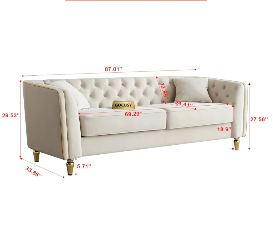 ivory velvet tufted sofa, GOCOSY glam sofa, 3-seater velvet couch, luxury cream sofa with gold legs, tufted backrest sofa, elegant velvet sofa for living room, premium classic sofa design.