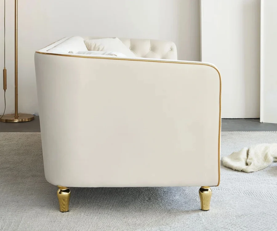 ivory velvet tufted sofa, GOCOSY glam sofa, 3-seater velvet couch, luxury cream sofa with gold legs, tufted backrest sofa, elegant velvet sofa for living room, premium classic sofa design.