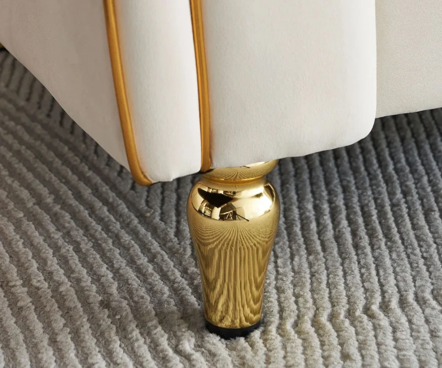 ivory velvet tufted sofa, GOCOSY glam sofa, 3-seater velvet couch, luxury cream sofa with gold legs, tufted backrest sofa, elegant velvet sofa for living room, premium classic sofa design.