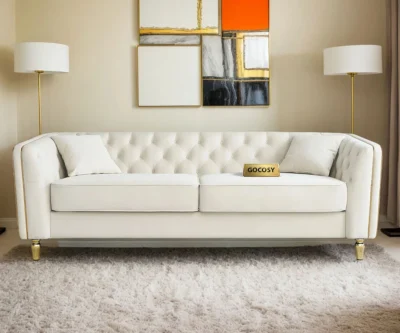 ivory velvet tufted sofa, GOCOSY glam sofa, 3-seater velvet couch, luxury cream sofa with gold legs, tufted backrest sofa, elegant velvet sofa for living room, premium classic sofa design.