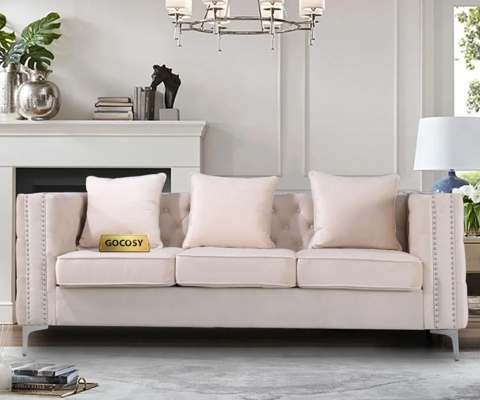 Chesterfield green velvet sofa, 3-seater couch, velvet upholstered sofa, traditional sofa for living room, classic velvet couch, luxury green sofa, GOCOSY sofa, rolled arm tufted couch, vintage nailhead trim sofa.