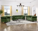 Chesterfield green velvet sofa, 3-seater couch, velvet upholstered sofa, traditional sofa for living room, classic velvet couch, luxury green sofa, GOCOSY sofa, rolled arm tufted couch, vintage nailhead trim sofa.