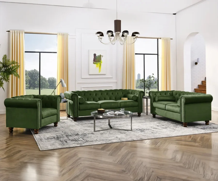 Chesterfield green velvet sofa, 3-seater couch, velvet upholstered sofa, traditional sofa for living room, classic velvet couch, luxury green sofa, GOCOSY sofa, rolled arm tufted couch, vintage nailhead trim sofa.