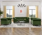 Chesterfield green velvet sofa, 3-seater couch, velvet upholstered sofa, traditional sofa for living room, classic velvet couch, luxury green sofa, GOCOSY sofa, rolled arm tufted couch, vintage nailhead trim sofa.