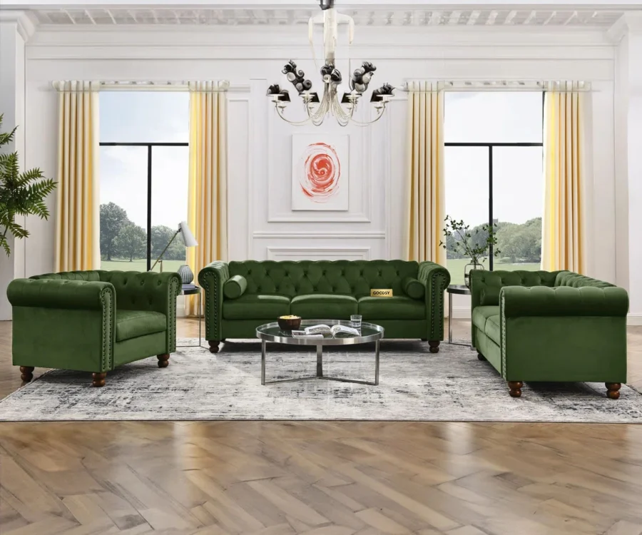 Chesterfield green velvet sofa, 3-seater couch, velvet upholstered sofa, traditional sofa for living room, classic velvet couch, luxury green sofa, GOCOSY sofa, rolled arm tufted couch, vintage nailhead trim sofa.