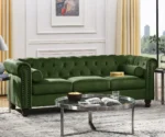 Chesterfield green velvet sofa, 3-seater couch, velvet upholstered sofa, traditional sofa for living room, classic velvet couch, luxury green sofa, GOCOSY sofa, rolled arm tufted couch, vintage nailhead trim sofa.