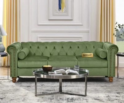 Chesterfield green velvet sofa, 3-seater couch, velvet upholstered sofa, traditional sofa for living room, classic velvet couch, luxury green sofa, GOCOSY sofa, rolled arm tufted couch, vintage nailhead trim sofa.