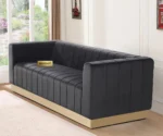 modern brown velvet sofa, GOCOSY velvet couch, 3-seater channel tufted sofa, luxury velvet sofa with gold base, contemporary brown couch, velvet furniture for living room, brown glam sofa.