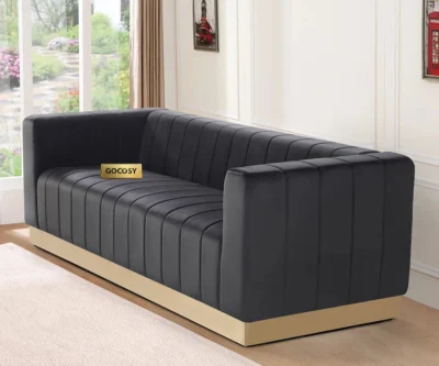 modern brown velvet sofa, GOCOSY velvet couch, 3-seater channel tufted sofa, luxury velvet sofa with gold base, contemporary brown couch, velvet furniture for living room, brown glam sofa.