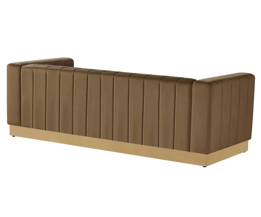 modern brown velvet sofa, GOCOSY velvet couch, 3-seater channel tufted sofa, luxury velvet sofa with gold base, contemporary brown couch, velvet furniture for living room, brown glam sofa.