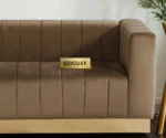 modern brown velvet sofa, GOCOSY velvet couch, 3-seater channel tufted sofa, luxury velvet sofa with gold base, contemporary brown couch, velvet furniture for living room, brown glam sofa.